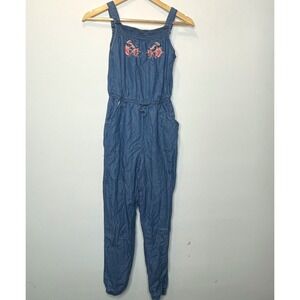 Justice Denim Jumpsuit Girls Size 14 Blue Floral Drawstring Waist